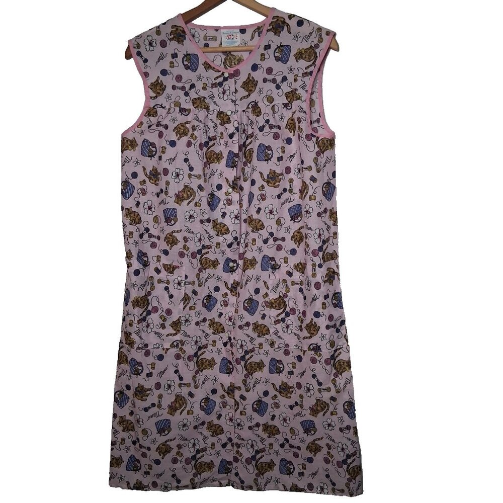 Artistic Creations House Dress Nightgown M Pearl Snap Cat Cats Knitting Pink